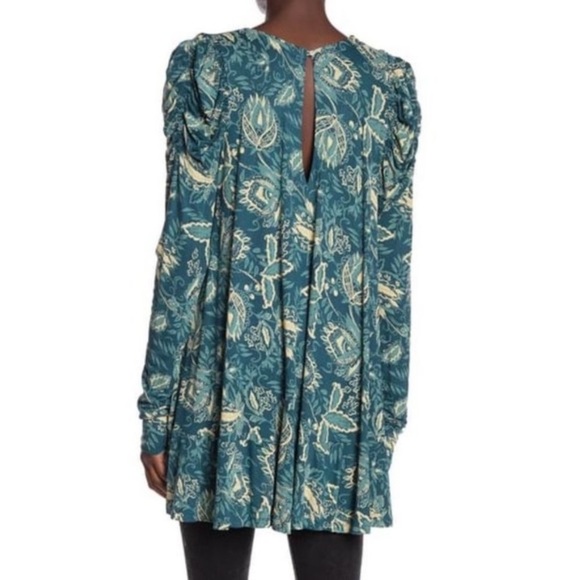 Free People Ruched Puff Sleeve Turquoise Floral Print Tunic Blouse Top Dress - Picture 8 of 12
